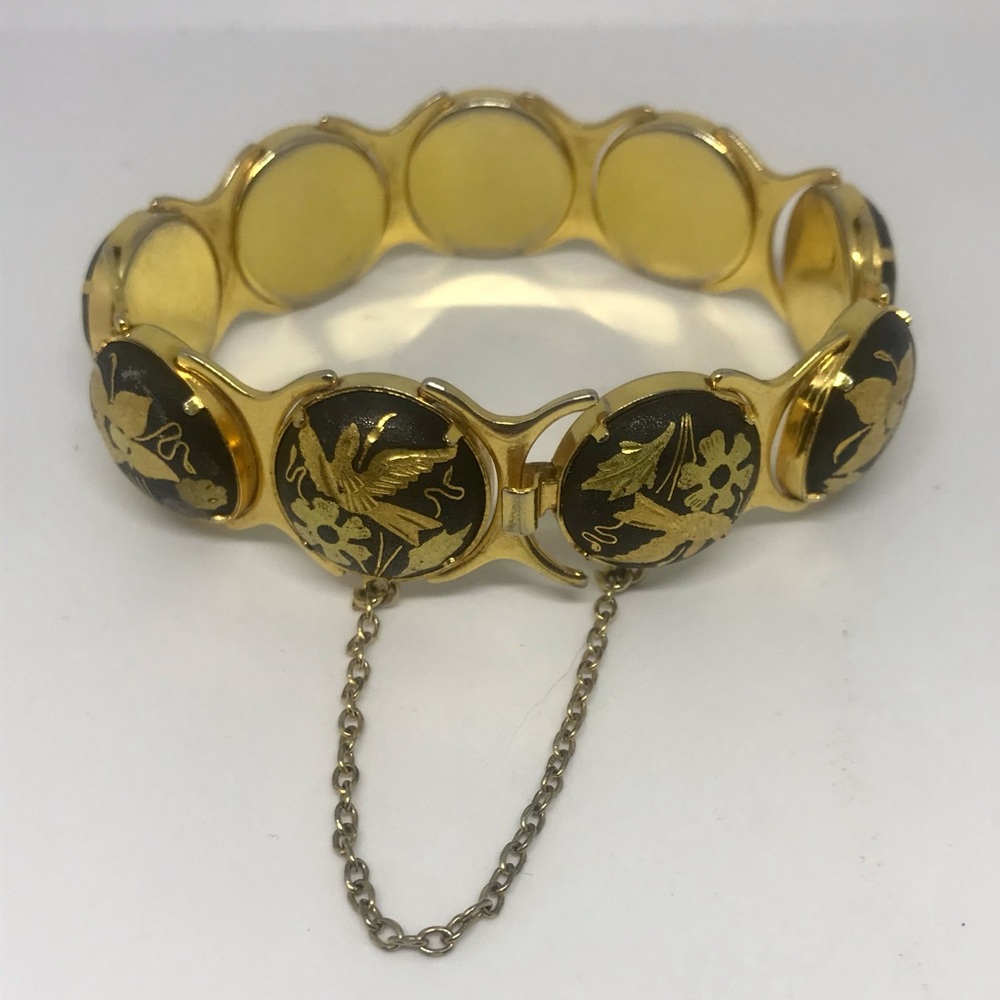 Vintage Damascene Black and Gold Bird/Flower Bracelet